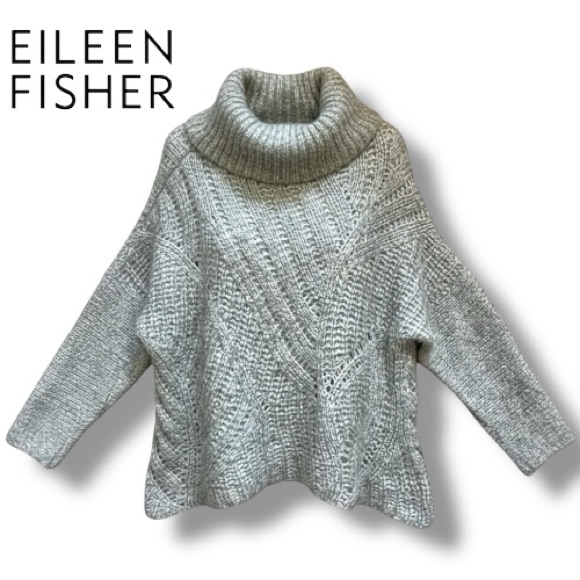 Eileen Fisher Chunky Knit Alpaca Marled Grey Turtleneck Cowl Neck Sweater | Sz S